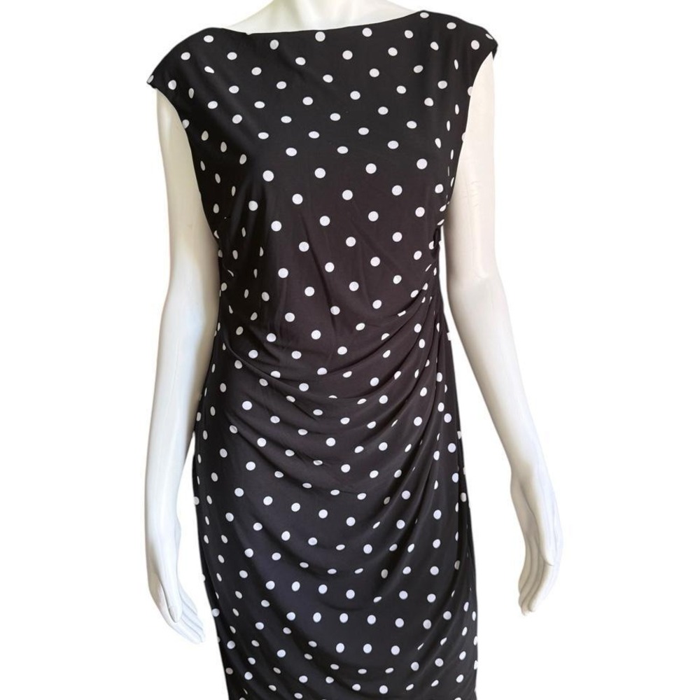 Lauren Ralph Lauren Polka‎ Dot Ruched Dress Old Money Coquette Pin Up Midi